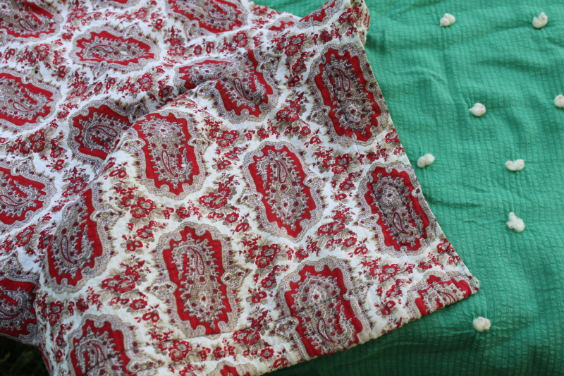 photo of rustic farmhouse vintage tied quilt Christmas colors, jade green & red paisley print cotton reversible  #3