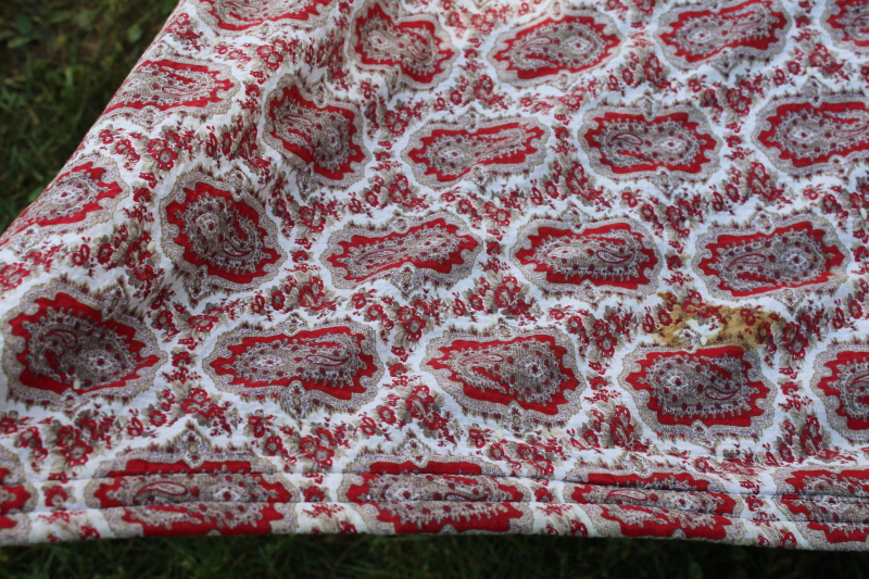 photo of rustic farmhouse vintage tied quilt Christmas colors, jade green & red paisley print cotton reversible  #4