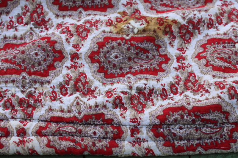 photo of rustic farmhouse vintage tied quilt Christmas colors, jade green & red paisley print cotton reversible  #5