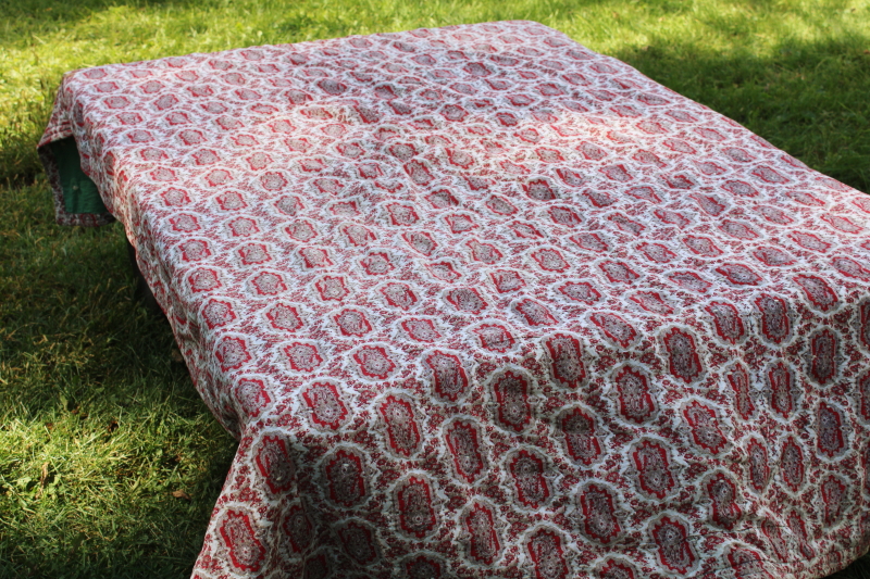 photo of rustic farmhouse vintage tied quilt Christmas colors, jade green & red paisley print cotton reversible  #6