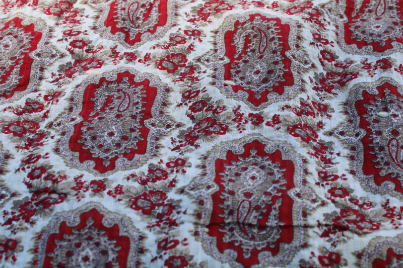 photo of rustic farmhouse vintage tied quilt Christmas colors, jade green & red paisley print cotton reversible  #7