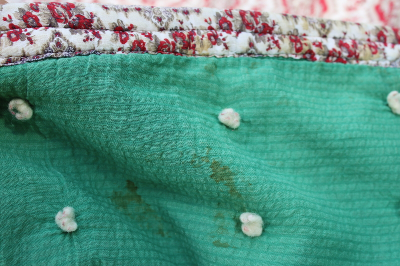 photo of rustic farmhouse vintage tied quilt Christmas colors, jade green & red paisley print cotton reversible  #9