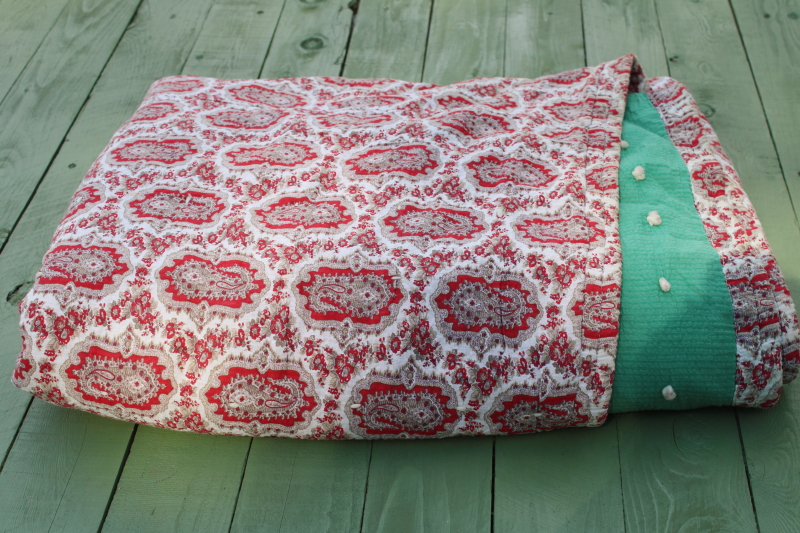 photo of rustic farmhouse vintage tied quilt Christmas colors, jade green & red paisley print cotton reversible  #10