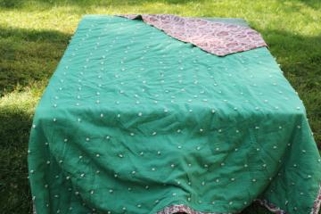 rustic farmhouse vintage tied quilt Christmas colors, jade green & red paisley print cotton reversible 