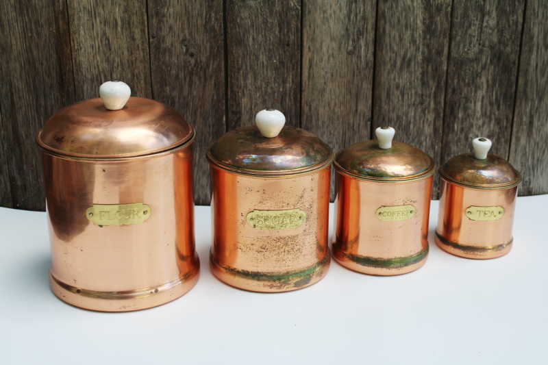 photo of rustic french country kitchen style vintage copper canisters, nesting canister set of 4 #1