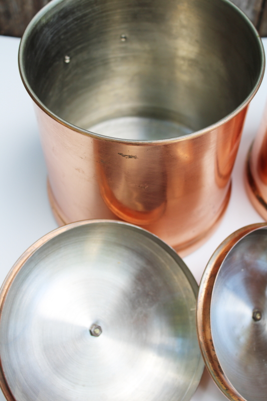 photo of rustic french country kitchen style vintage copper canisters, nesting canister set of 4 #3