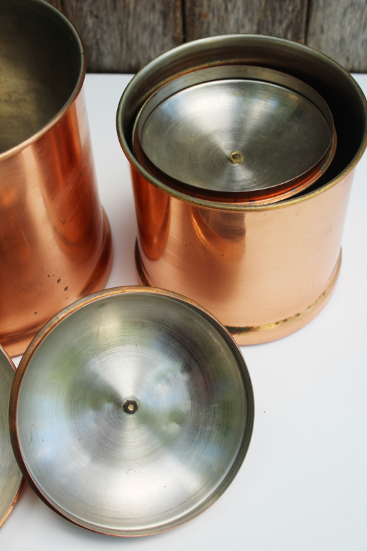 photo of rustic french country kitchen style vintage copper canisters, nesting canister set of 4 #7