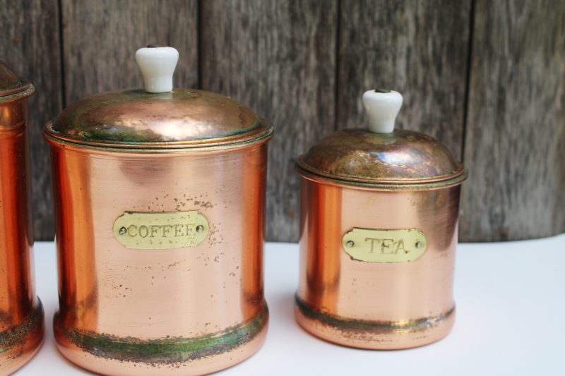 photo of rustic french country kitchen style vintage copper canisters, nesting canister set of 4 #12