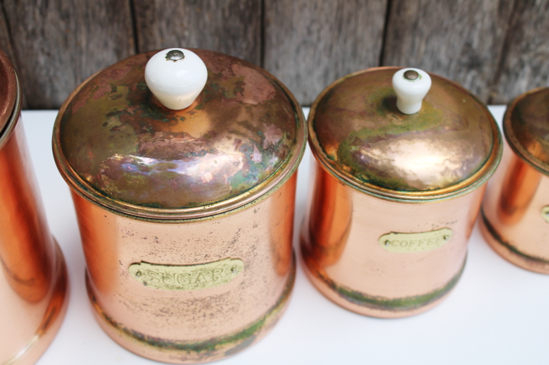photo of rustic french country kitchen style vintage copper canisters, nesting canister set of 4 #13