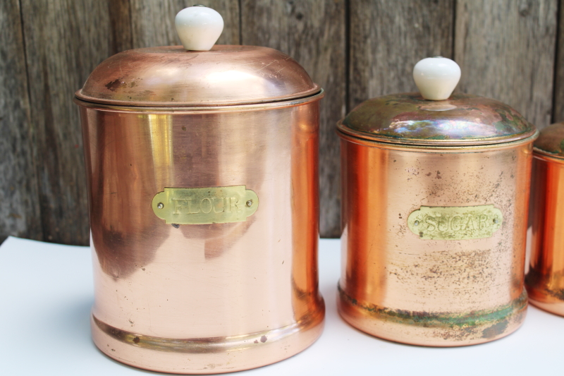 photo of rustic french country kitchen style vintage copper canisters, nesting canister set of 4 #14