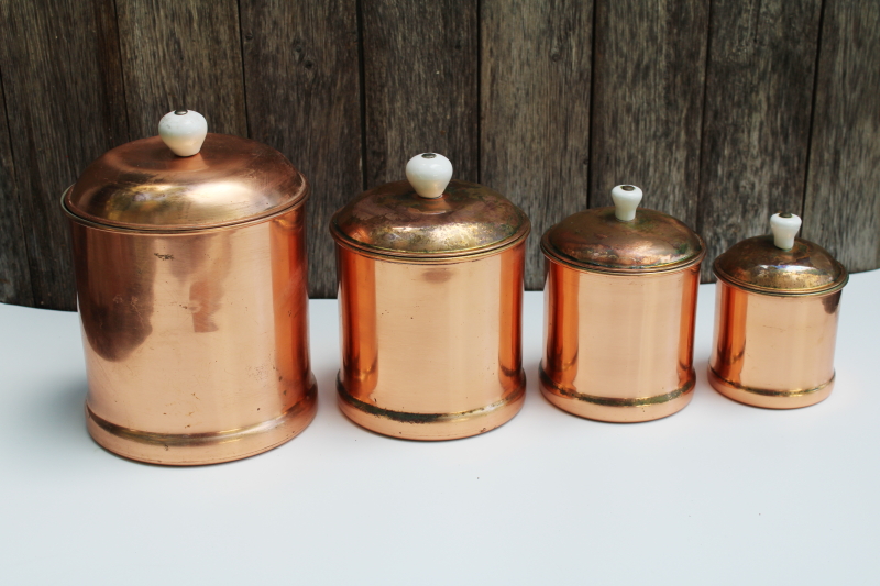 photo of rustic french country kitchen style vintage copper canisters, nesting canister set of 4 #15