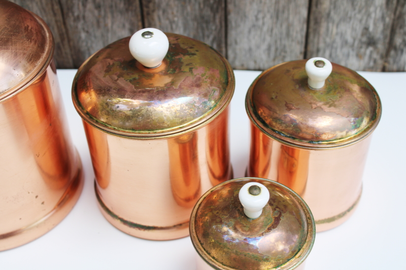 photo of rustic french country kitchen style vintage copper canisters, nesting canister set of 4 #17