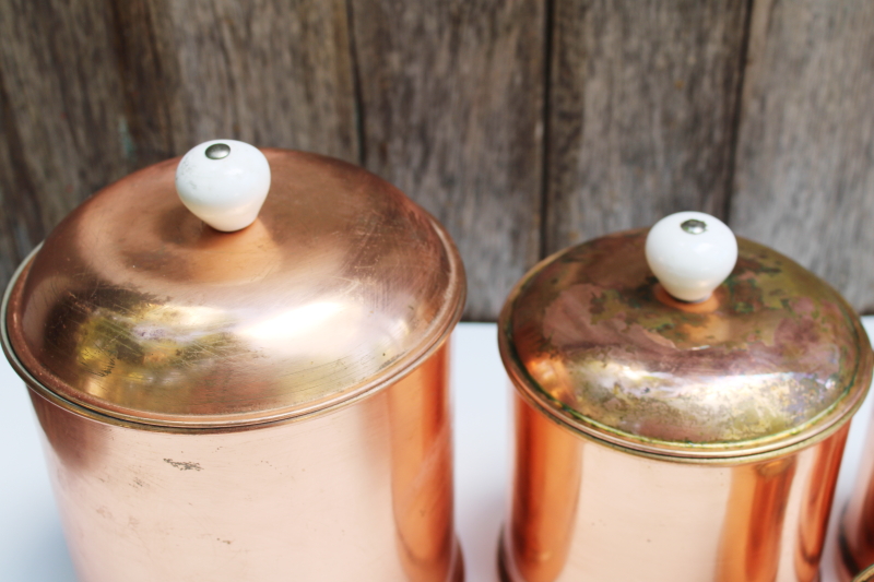 photo of rustic french country kitchen style vintage copper canisters, nesting canister set of 4 #18