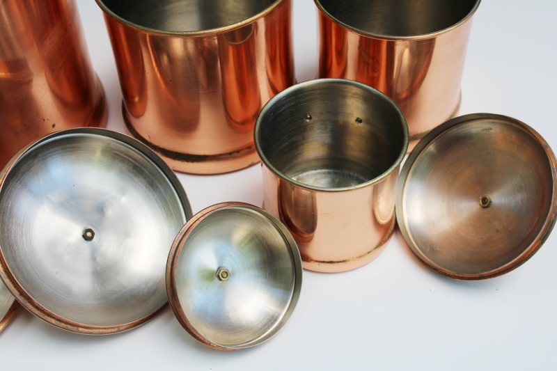 photo of rustic french country kitchen style vintage copper canisters, nesting canister set of 4 #19