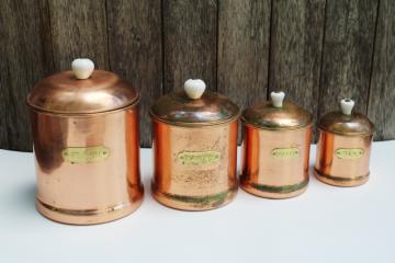 catalog photo of rustic french country kitchen style vintage copper canisters, nesting canister set of 4 