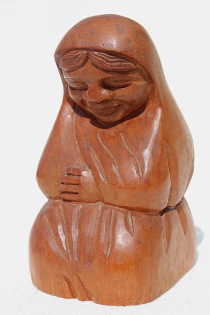 photo of rustic hand carved wood Madonna, statue of Mary, vintage Mexico lady w/ veil praying #1