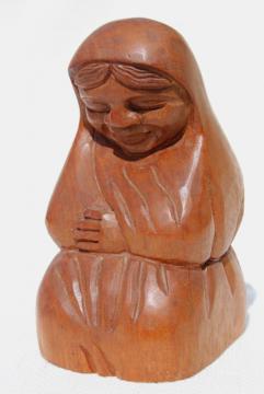 catalog photo of rustic hand carved wood Madonna, statue of Mary, vintage Mexico lady w/ veil praying