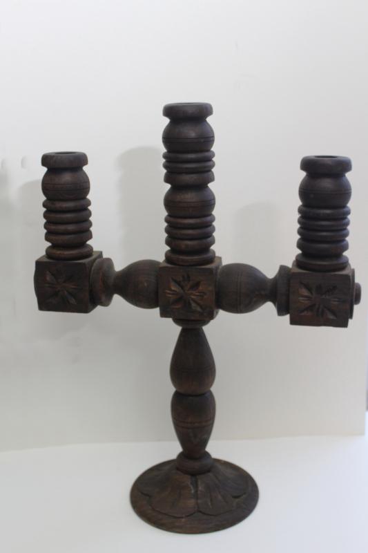 photo of rustic hand carved wood candelabra or altar candlestick, old Mexico 70s vintage #1