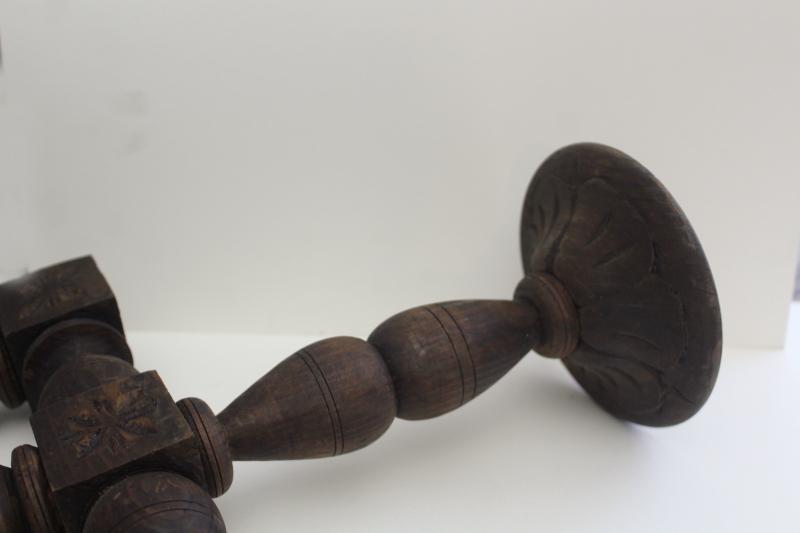 photo of rustic hand carved wood candelabra or altar candlestick, old Mexico 70s vintage #3