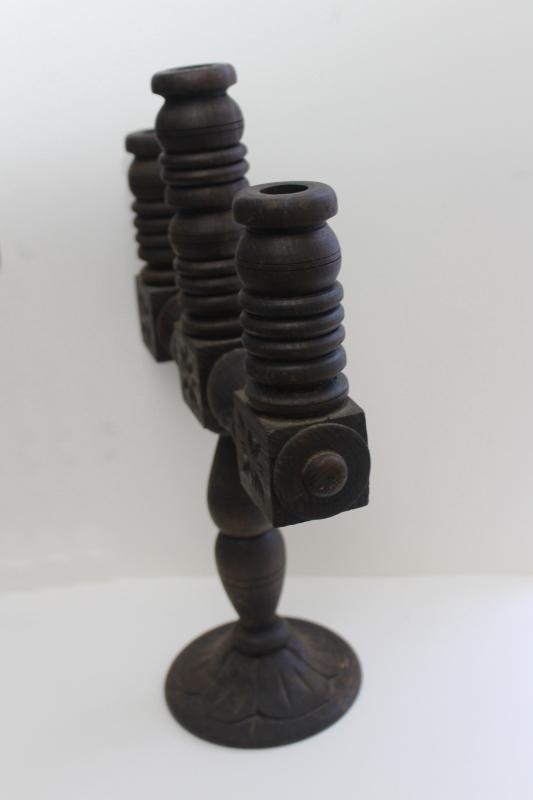 photo of rustic hand carved wood candelabra or altar candlestick, old Mexico 70s vintage #5