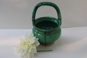 catalog photo of rustic hand thrown pottery planter, made in Italy vintage flower basket w/ green glaze