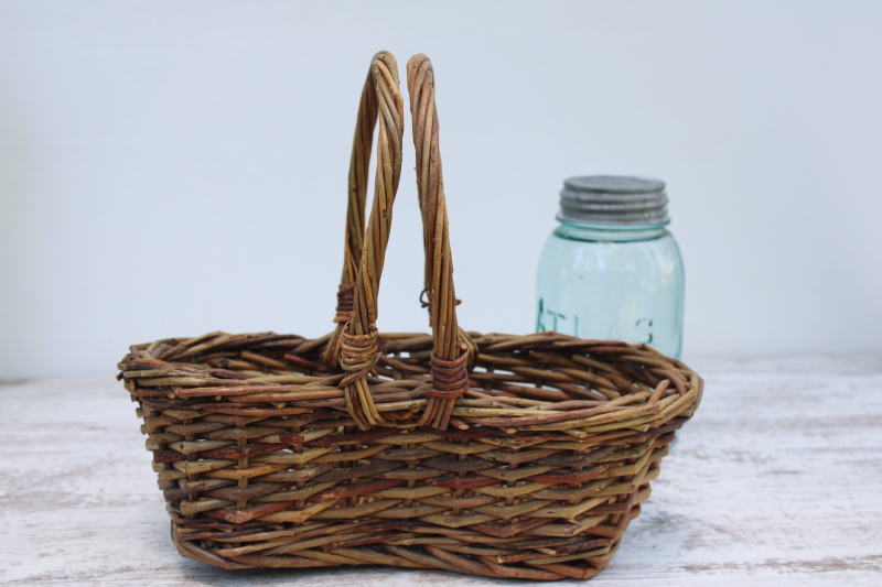 photo of rustic hand woven basket bottle or jar carrier tote, primitive farmhouse decor  #1