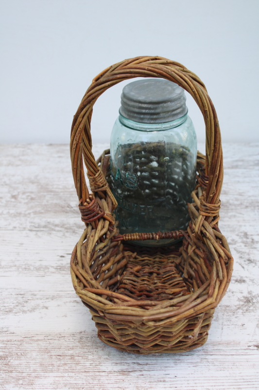 photo of rustic hand woven basket bottle or jar carrier tote, primitive farmhouse decor  #2