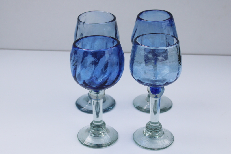 photo of rustic handcrafted blown glass goblets, pale cobalt sea glass green recycled glass wine glasses #2