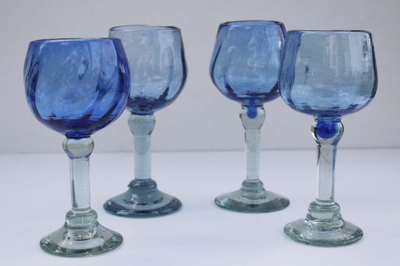 photo of rustic handcrafted blown glass goblets, pale cobalt sea glass green recycled glass wine glasses #3