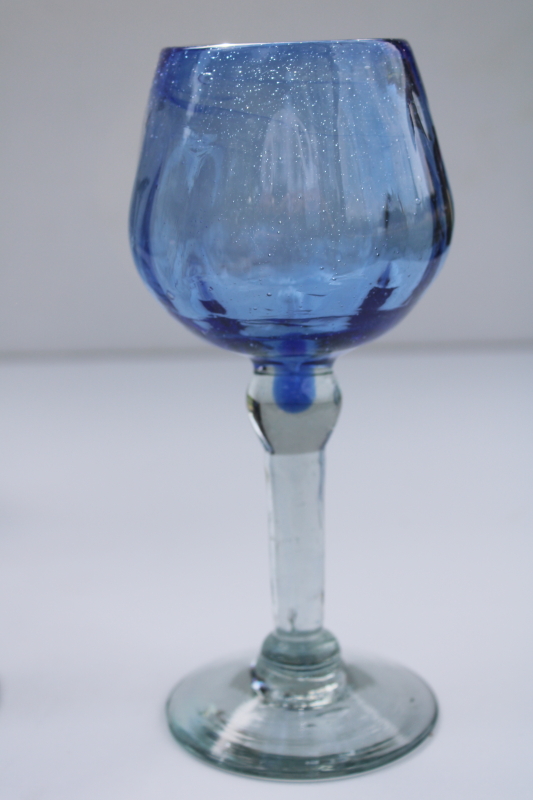 photo of rustic handcrafted blown glass goblets, pale cobalt sea glass green recycled glass wine glasses #7