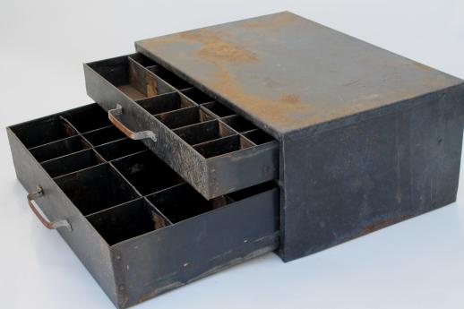 photo of rustic industrial vintage metal drawers hardware storage box w/ divided sorting trays #3