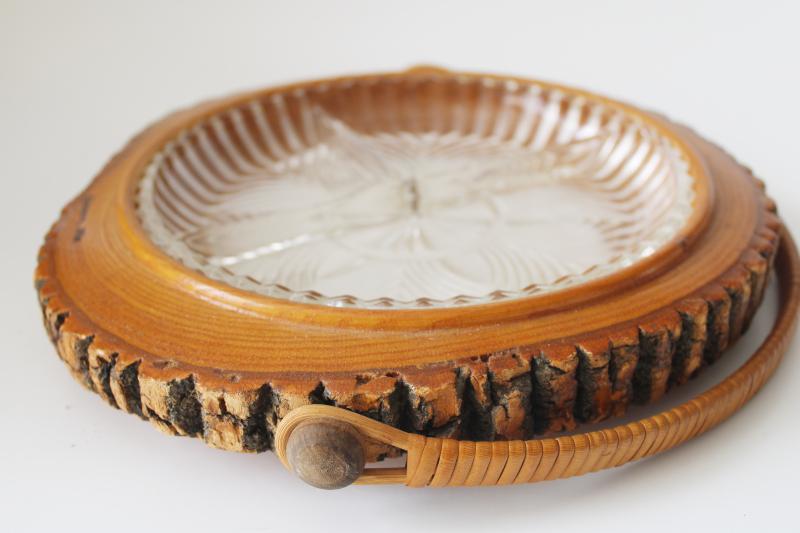 photo of rustic live edge tree bark wood bowl w/ basket handle, vintage Wisconsin souvenir #4