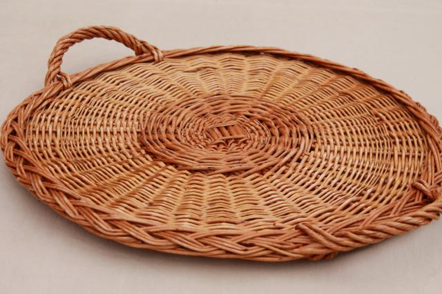 photo of rustic natural wicker basket tray, serving tray w/ handles, holds a large deli platter or pizza #1