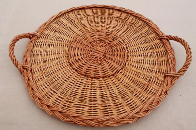 photo of rustic natural wicker basket tray, serving tray w/ handles, holds a large deli platter or pizza #5