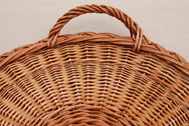 photo of rustic natural wicker basket tray, serving tray w/ handles, holds a large deli platter or pizza #6