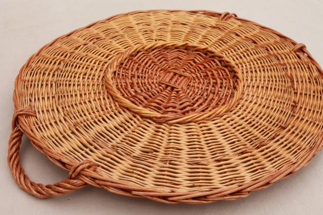 photo of rustic natural wicker basket tray, serving tray w/ handles, holds a large deli platter or pizza #8