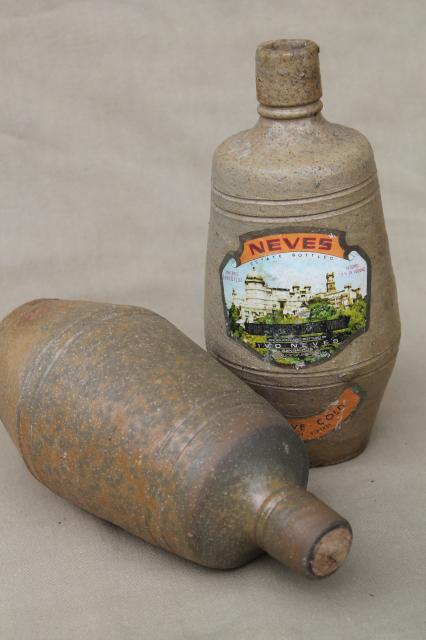 photo of rustic old French country wine label stoneware bottles, vintage Portugal pottery #3