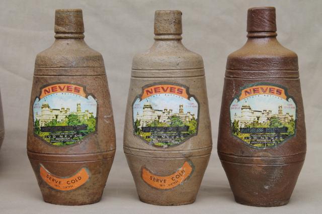 photo of rustic old French country wine label stoneware bottles, vintage Portugal pottery #4