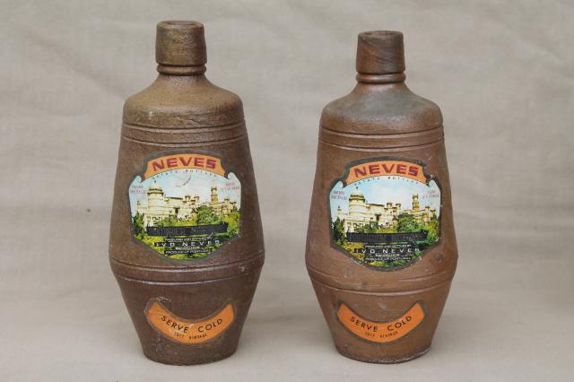 photo of rustic old French country wine label stoneware bottles, vintage Portugal pottery #6