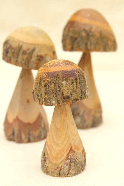 photo of rustic old carved wood mushrooms w/tree bark, fairy garden mini chainsaw carving art #1