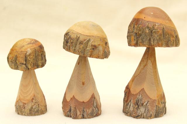 photo of rustic old carved wood mushrooms w/tree bark, fairy garden mini chainsaw carving art #2