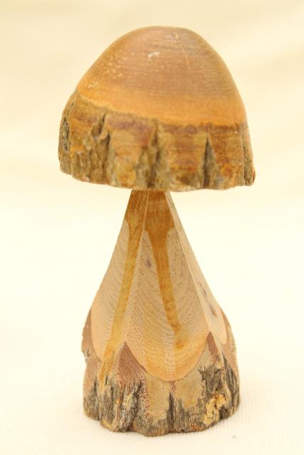 photo of rustic old carved wood mushrooms w/tree bark, fairy garden mini chainsaw carving art #3