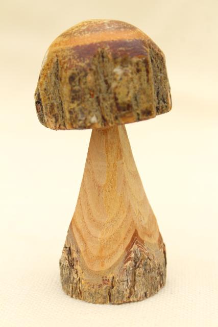 photo of rustic old carved wood mushrooms w/tree bark, fairy garden mini chainsaw carving art #5