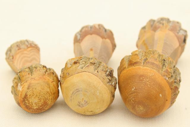 photo of rustic old carved wood mushrooms w/tree bark, fairy garden mini chainsaw carving art #7