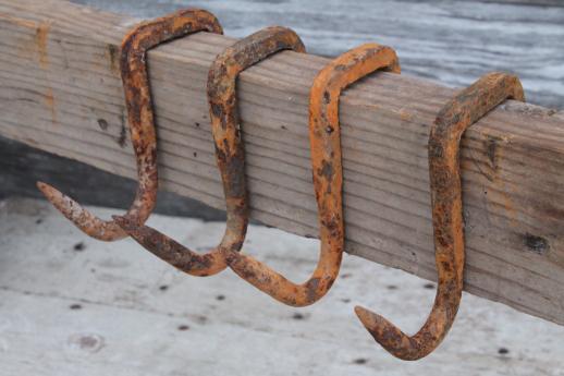 photo of rustic old forged iron hook, lot of 4 antique vintage rusty iron hooks #1