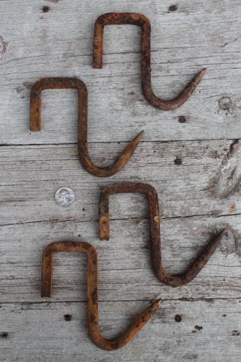 photo of rustic old forged iron hook, lot of 4 antique vintage rusty iron hooks #3