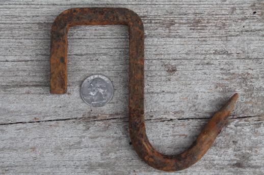 photo of rustic old forged iron hook, lot of 4 antique vintage rusty iron hooks #4