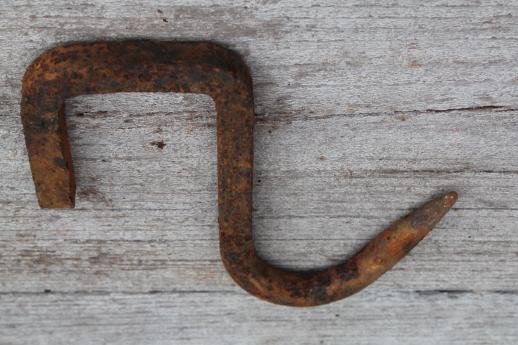 photo of rustic old forged iron hook, lot of 4 antique vintage rusty iron hooks #5