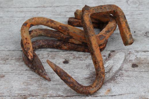 photo of rustic old forged iron hook, lot of 4 antique vintage rusty iron hooks #6