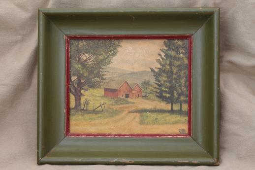 photo of rustic old painted wood frame w/ vintage print, primitive red barn picture #1